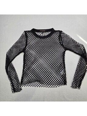 Womens Large Long Sleeve Black Fishnet Mesh Top Whimsigoth Goth Festival